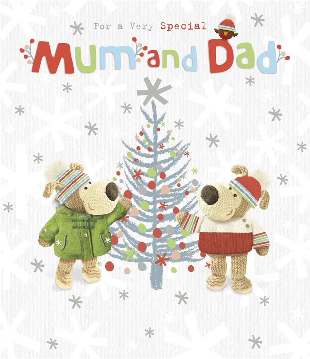 Boofles Standiing By Xmas Tree Mum and Dad Christmas Card