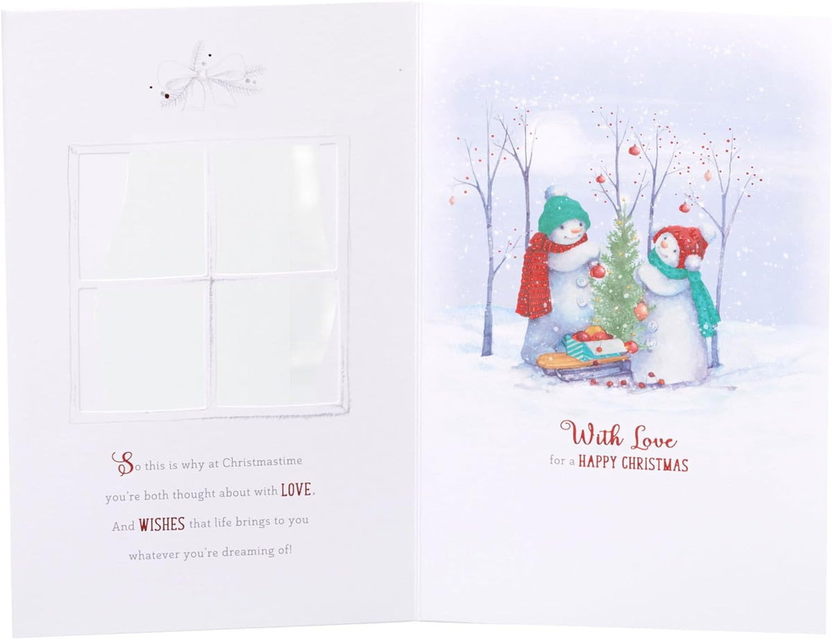 Christmas Card For Daughter & Son-in-law. Mr And Mrs Snowman Design Eco Friendly Uk Made Verse Inside 148x148mm Card Size