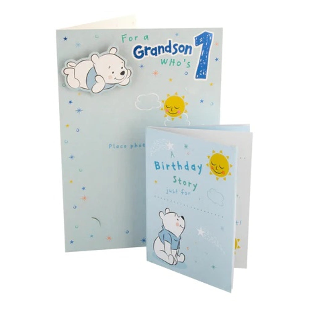 Cute Disney Winnie the Pooh Design Grandson 1st Birthday Card with Keepsake Booklet