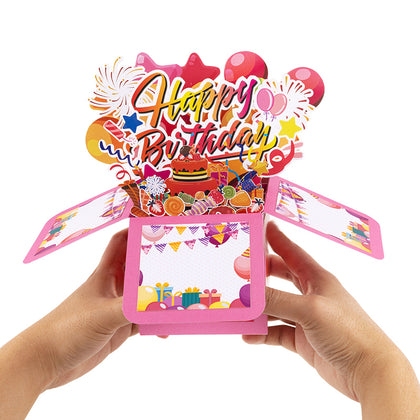 Pink Balloons Fireworks Peach Red 3D Pop Up Birthday Box Card