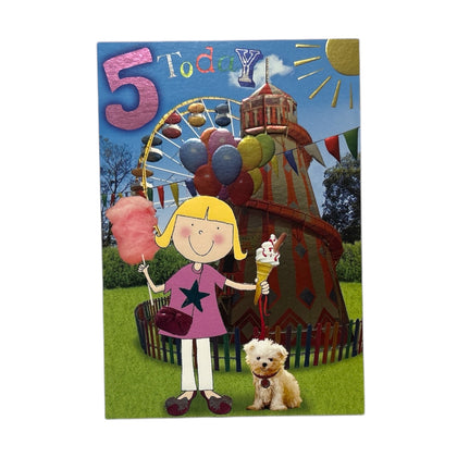 Age 5 Female Juvenile Funfair Scene Birthday Card