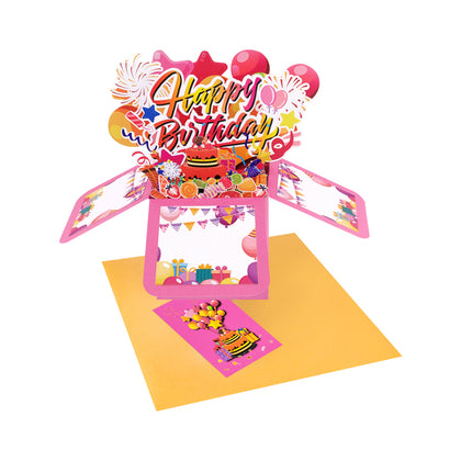 Pink Balloons Fireworks Peach Red 3D Pop Up Birthday Box Card