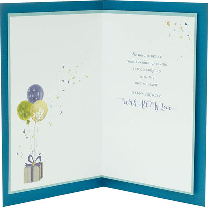 Contemporary Featuring Balloons Attached to Gifts Husband Birthday Card