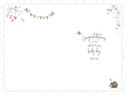 Bear In Basket With Fox Birth Of Boy Congratulations Card