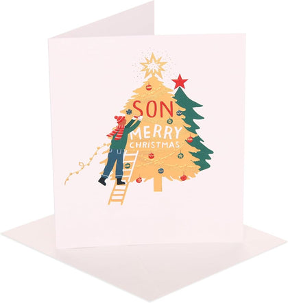 Person Decorating Xmas Tree Son Christmas Card