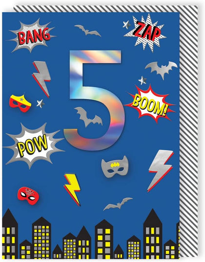 Boys 5th Birthday Superhero Comic Embellished Greeting Card