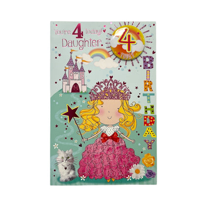 Daughter Age 04 Princess With Magic Wand Juvenile Birthday Card With Badge