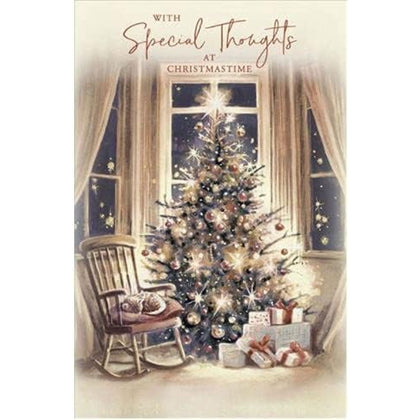 Tree, Presents and Sleeping Cat Design Special Thoughts Christmas Card