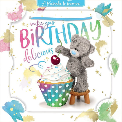 Bear With Cake and Cherry 3D Luxury Keepsake Open Birthday Card