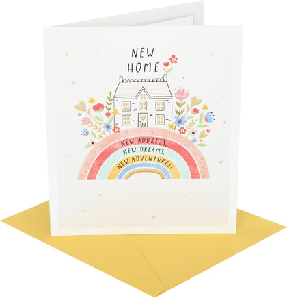 House with Flowers on Rainbow Design New Home Congratulations Card