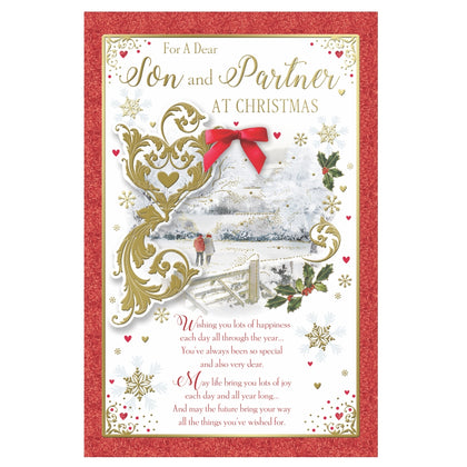 For a Dear Son and Partner Couple Walking in Winter Wonderland Design Christmas Card 