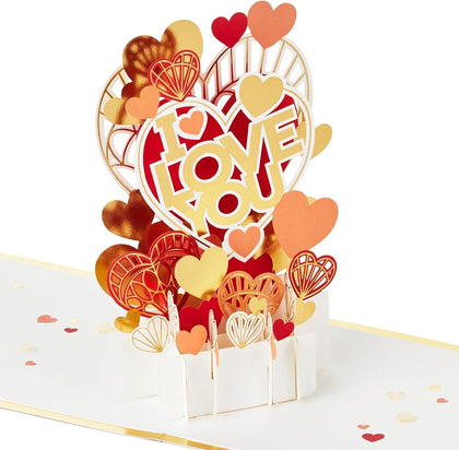 Gold & Red Hearts Design 3D & Pop Up Love Card Anniversary, Valentines, Engagement Birthday
