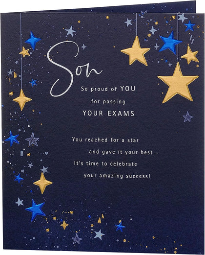 Dark Blue Design Son Passing Exams Congratulations Card