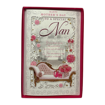 To Special Nan Flowers & Gift On Sofa Design Mother's Day Boxed Card
