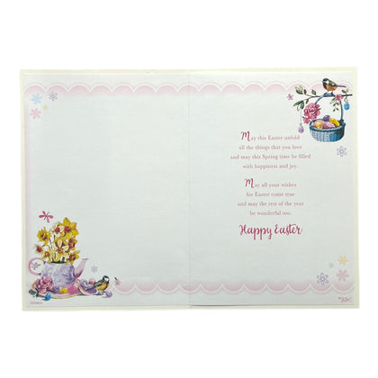 Happy Easter Beautiful Flowers and Chicks Eggs Design Greeting Card