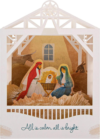 Traditional 3D Pop-Up All is Calm Nativity Scene Design Christmas Card