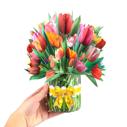 Colorful Tulip Bouquet with Ribbon Bow Design 3D Pop Up Card