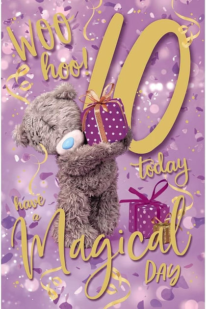 Bear Holding Present Woo Hoo 10th Birthday Card