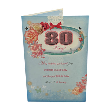 Age 80 Floral Design Soft Blue Birthday Card 