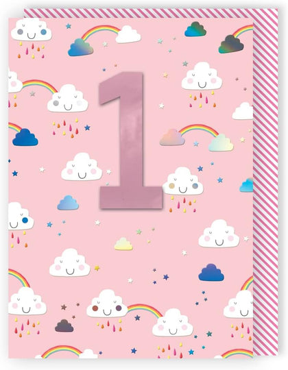 Rainbow & Clouds Embellished Girls 1st Birthday Card