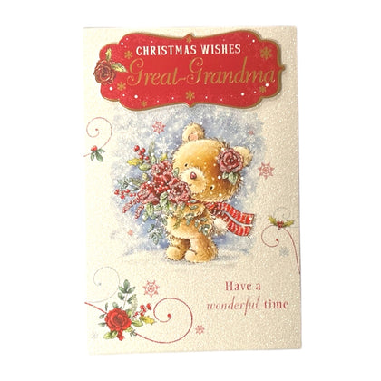 Great Grandma Teddy and Festive Flowers Christmas Card