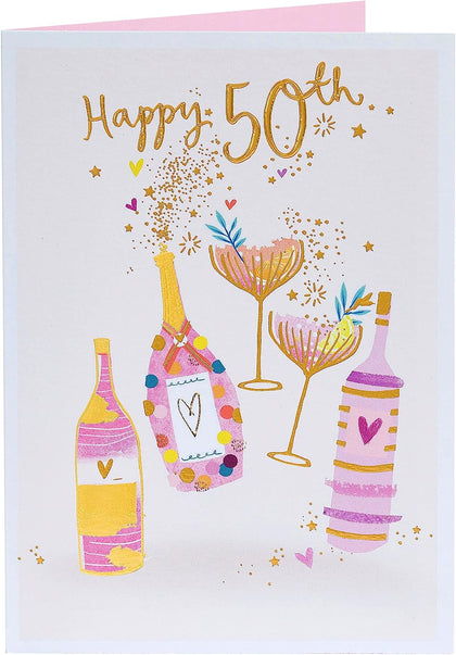 Pink & Gold Drinks Design 50th Birthday Card