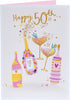 Pink & Gold Drinks Design 50th Birthday Card
