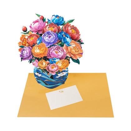 Colorful Grace Peony Bouquet in Blue Vase 3D Pop Up Card