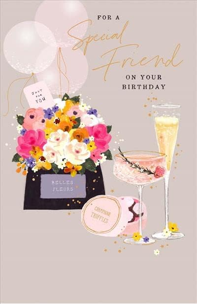 Bouquet and Champagne With A Gold Foil Finish 'Special Friend' Birthday Card