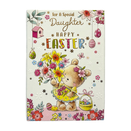 For A Special Daughter Teddy With Bunch Of Flower Design Easter Card