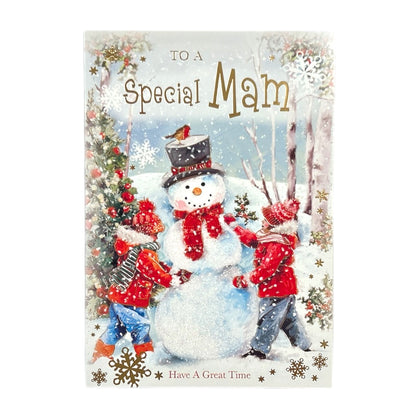 To a Special Mam Snowman Scene with Children Christmas Card