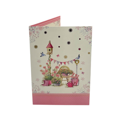 Open Blank Female Birds with Bunting and Basket Of Flowers Design Card