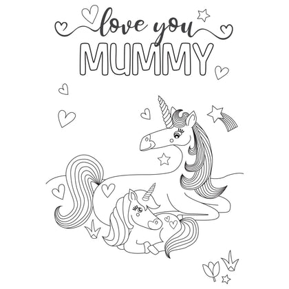 Unicorns Design Love You Mummy Mother's Day Card with Colouring Activity with Stickers