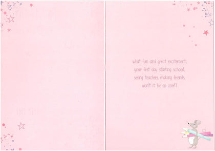 Animals Carrying Stationery For Girl Happy First Day At School Card