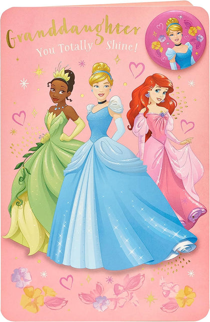 Disney Princess Cinderella Ariel Tiana Granddaughter Birthday Card With Badge 