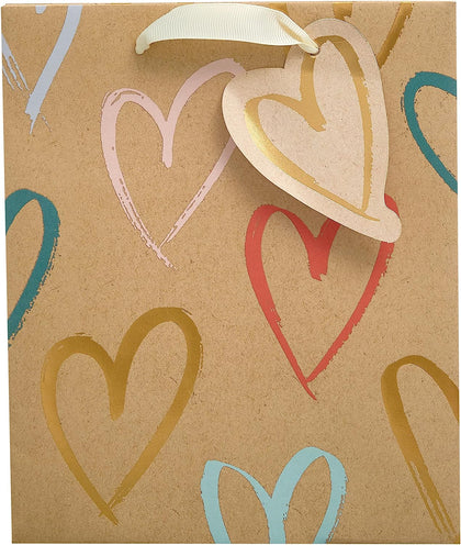 Kraft Hearts Design Medium Gift Bag For Birthdays, Thank You, Congratulations, Anniversary, Valentine's 