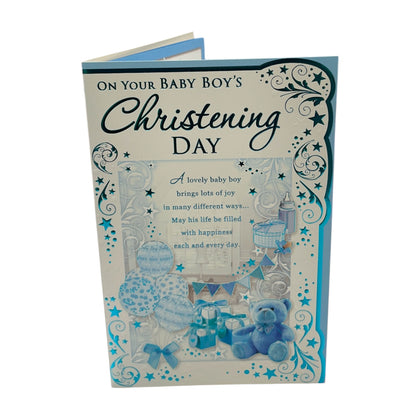 Blue Balloons And Teddy Design Baby Girl Christening Day Opacity Card	