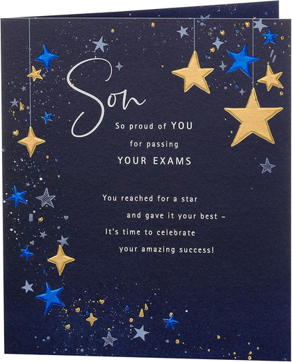 Dark Blue Design Son Passing Exams Congratulations Card