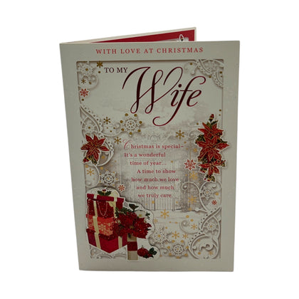 To My Wife Poinsettias and Gifts Design Christmas Card