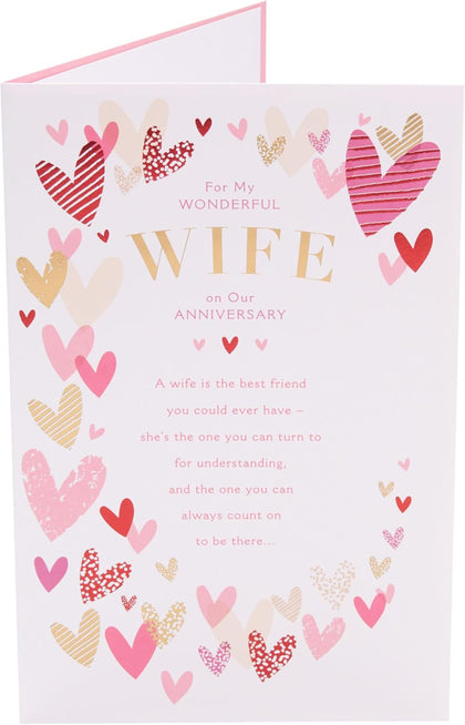 Pink & Gold Hearts Design Wife Anniversary Card