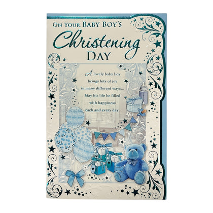 Blue Balloons And Teddy Design Baby Girl Christening Day Opacity Card	