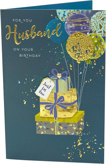 Contemporary Featuring Balloons Attached to Gifts Husband Birthday Card
