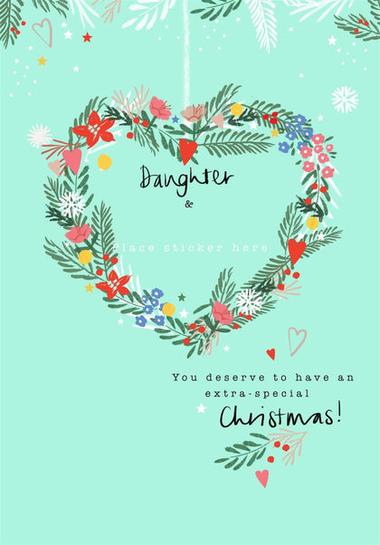 Floral Heart Wreath Design Daughter & Partner Christmas Card with Customisable Sticker Sheet