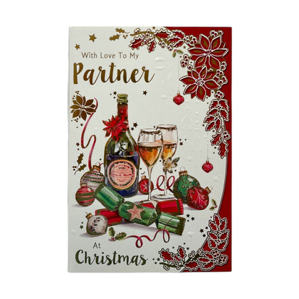 With Love To My Partner Festive Champagne & Ornaments Christmas Card