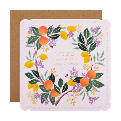 Lemon & Oranges Flower Border Design Wife Birthday Card