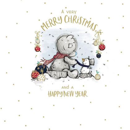 Bear Sat With Little Snowman Christmas Card