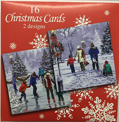 Pack of 16 Christmas Cards 2 Designs Kids Ice Skating Friends And School