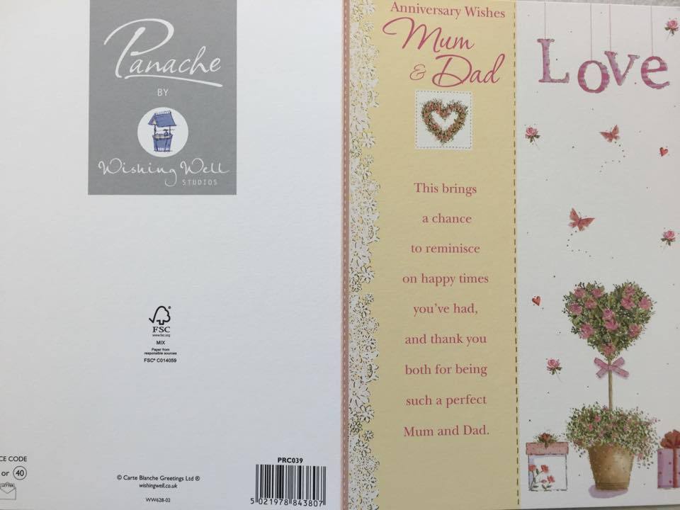 Piccadilly Greetings Anniversary Card, To Mum & Dad On Your Anniversary - 9 X 6 Inches